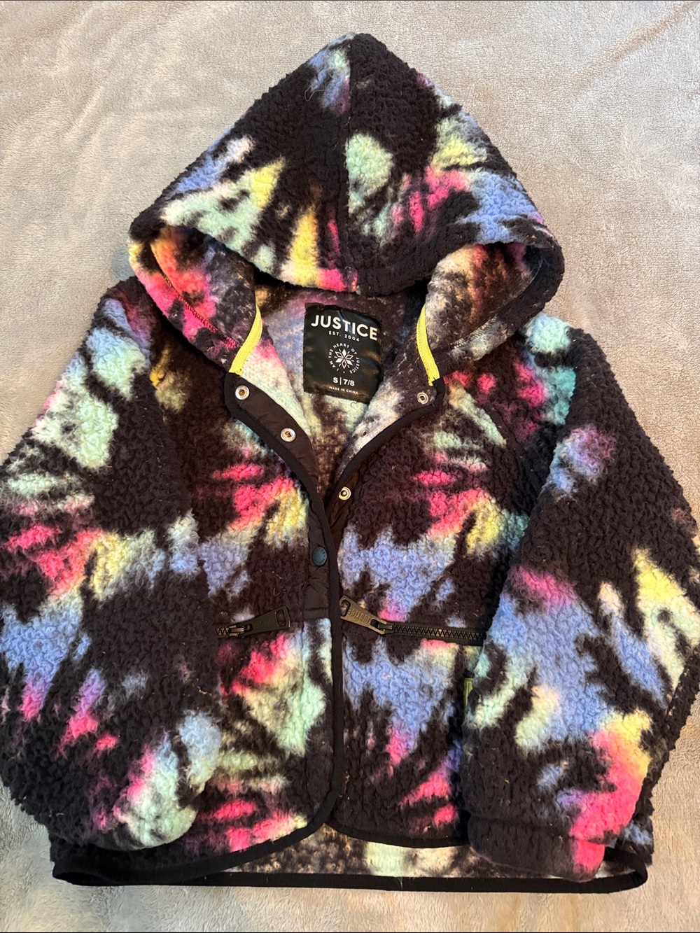 Justice Black Sherpa Hoodie with Multicolor Tie-Dye Accents